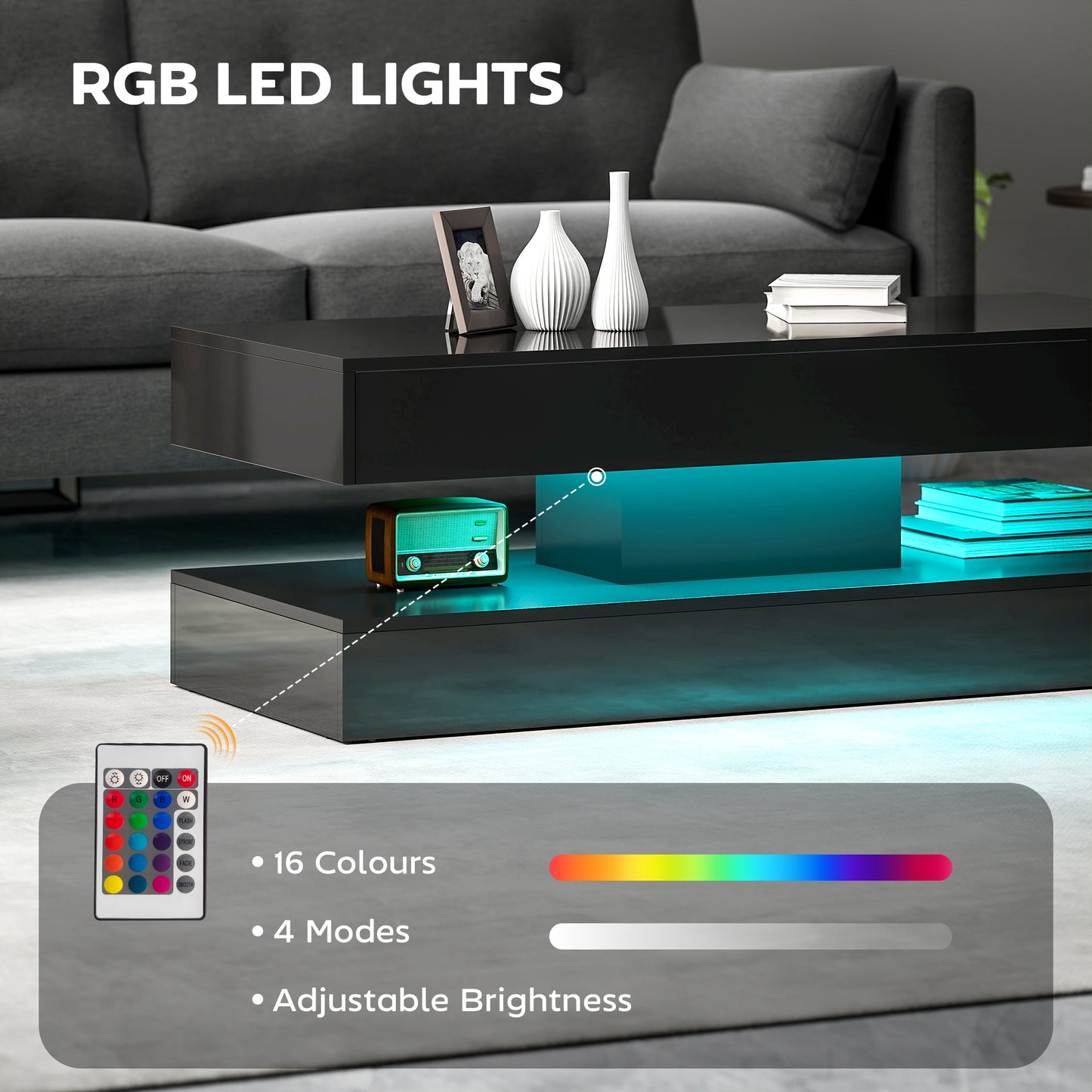 Coffee Table with Adjustable LED Lights, Modern Living Room Table with 2 Drawers, Open Shelf, Remote, High Gloss Black