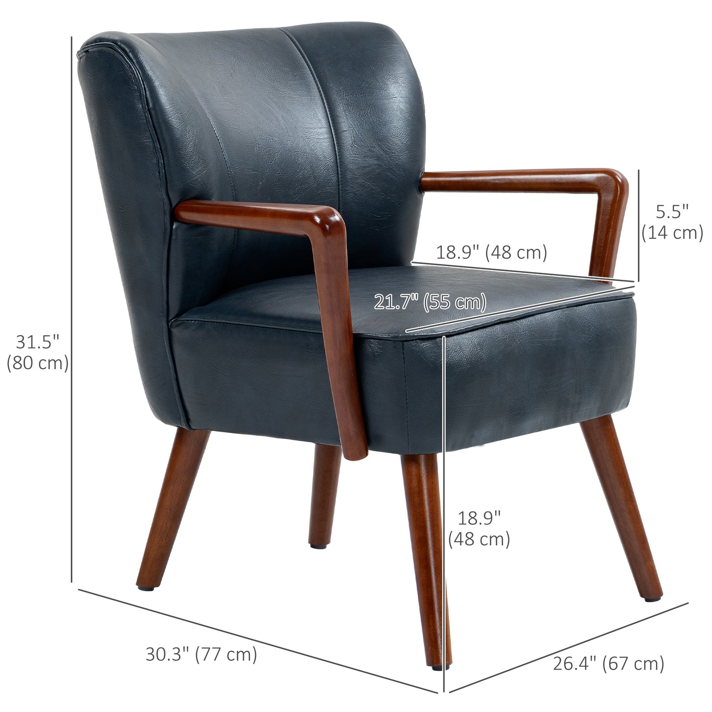 Accent Chair, Modern Armchair, Faux Leather Upholstered Living Room Chair with Wood Legs and Wide Padded Seat, Blue