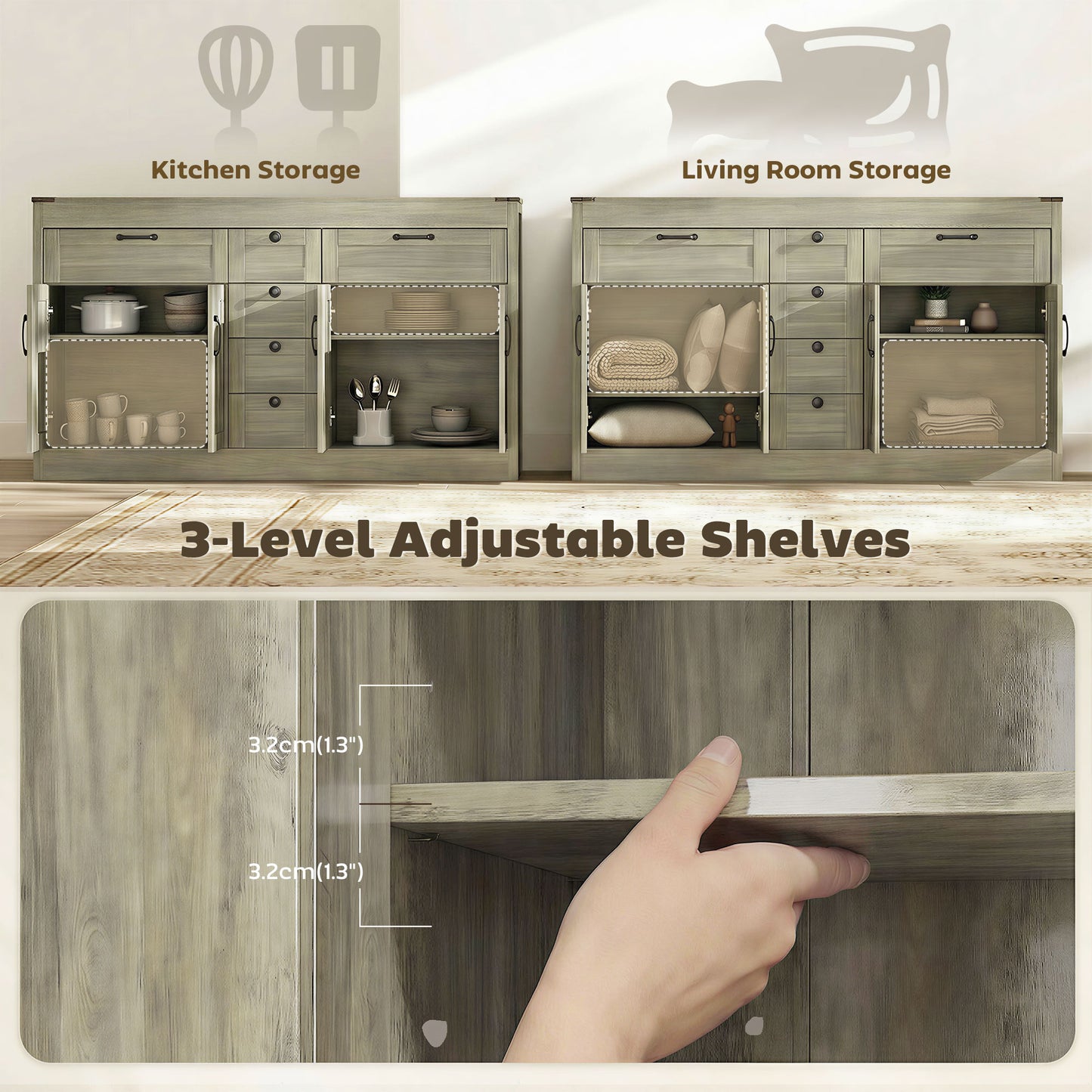 Sideboard Buffet Cabinet, 55" Farmhouse Kitchen Cabinet with 4 Barn Doors, 6 Drawers and 2 Adjustable Shelves, Grey