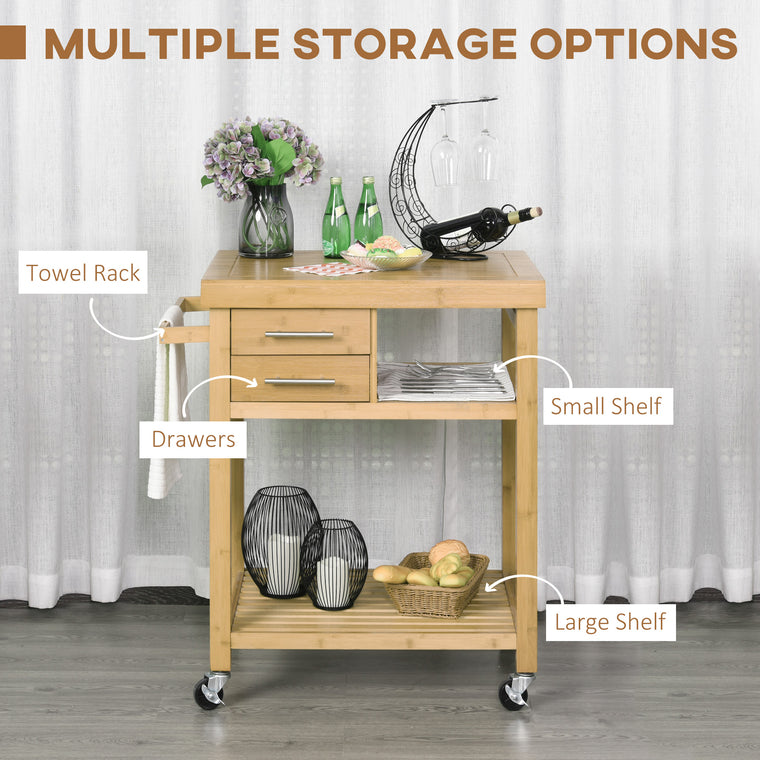 Bamboo Rolling Kitchen Island with Drawers and Shelves