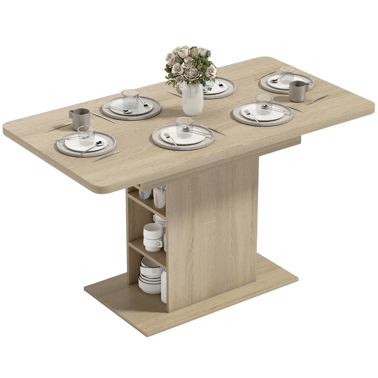 Extendable Dining Table for 4-6 People, 43.3"-51.2" Kitchen Table with 6 Open Shelves, Natural Wood