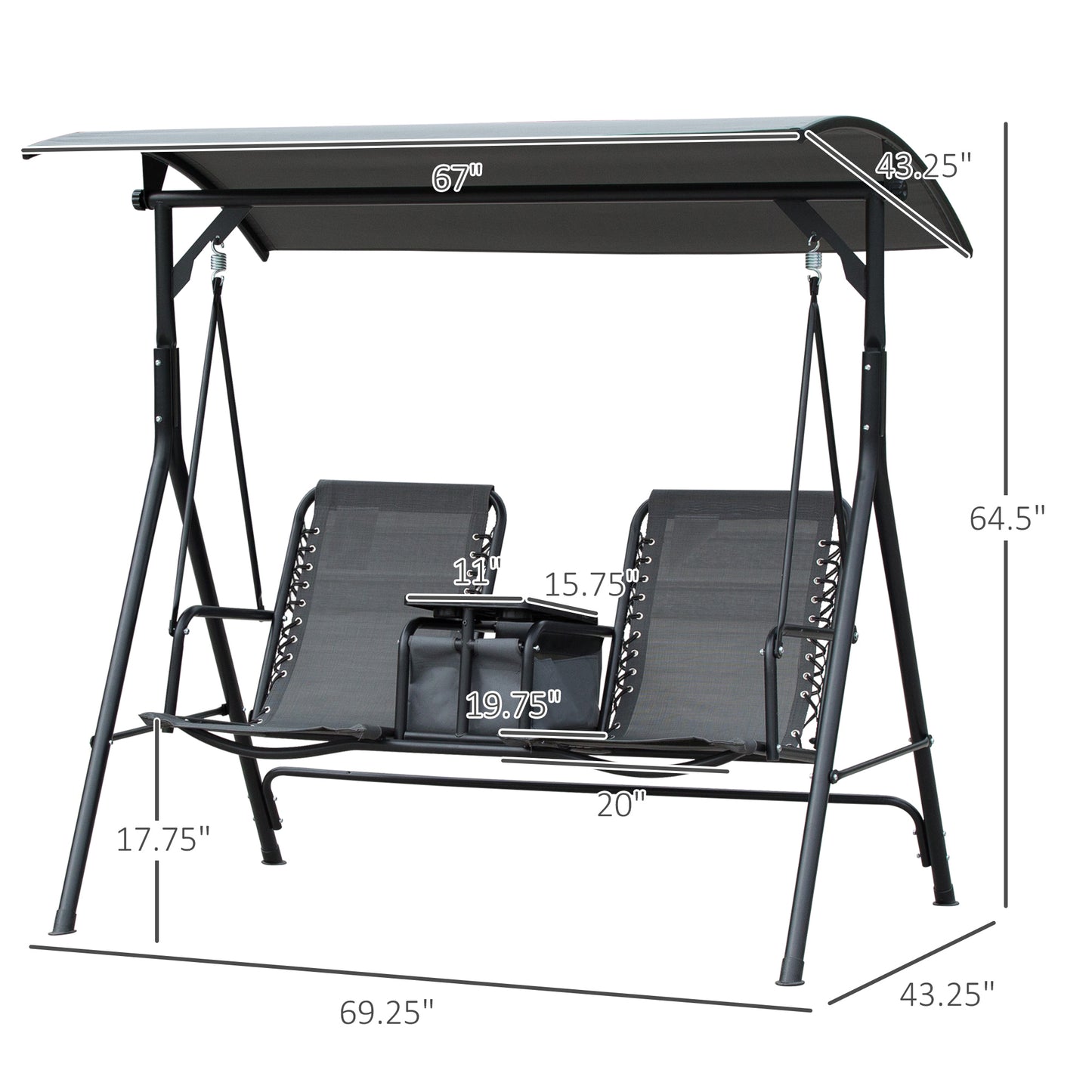 2 Person Covered Porch Swing Patio Swing with Pivot Storage Table, Cup Holder, & Adjustable Overhead Canopy, Black