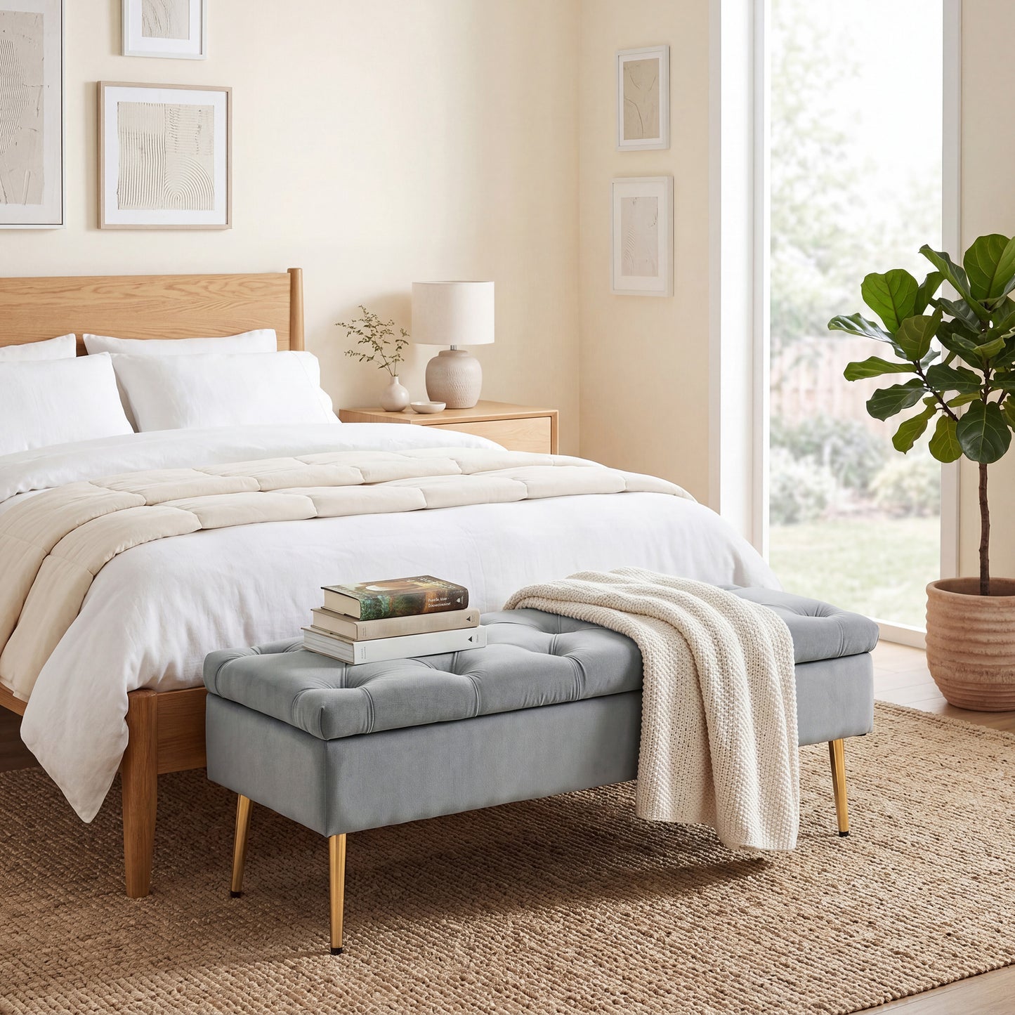 Upholstered Bedroom Bench with Gold Tone Metal Legs, Velvet Tufted and Thick Padding, Grey