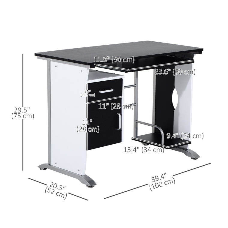 Computer Desk with Keyboard Tray and CPU Stand - Black and White