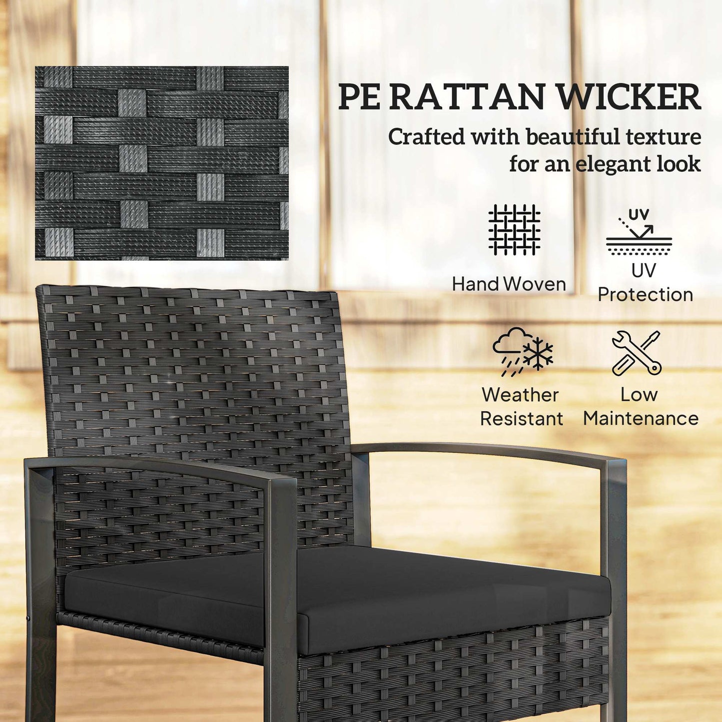 Outdoor Bistro Set, 3 Piece Wicker Patio Furniture Set with Glass Top Table and Cushions for Porch, Balcony, Black