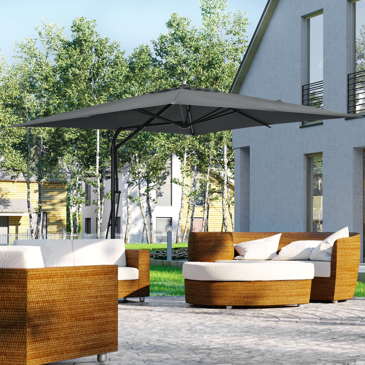8FT Cantilever Patio Umbrella, Offset Patio Umbrella with Cross Base for Deck, Backyard, Pool and Garden, Hanging Umbrellas, Switch with a Wrench, Dark Gray