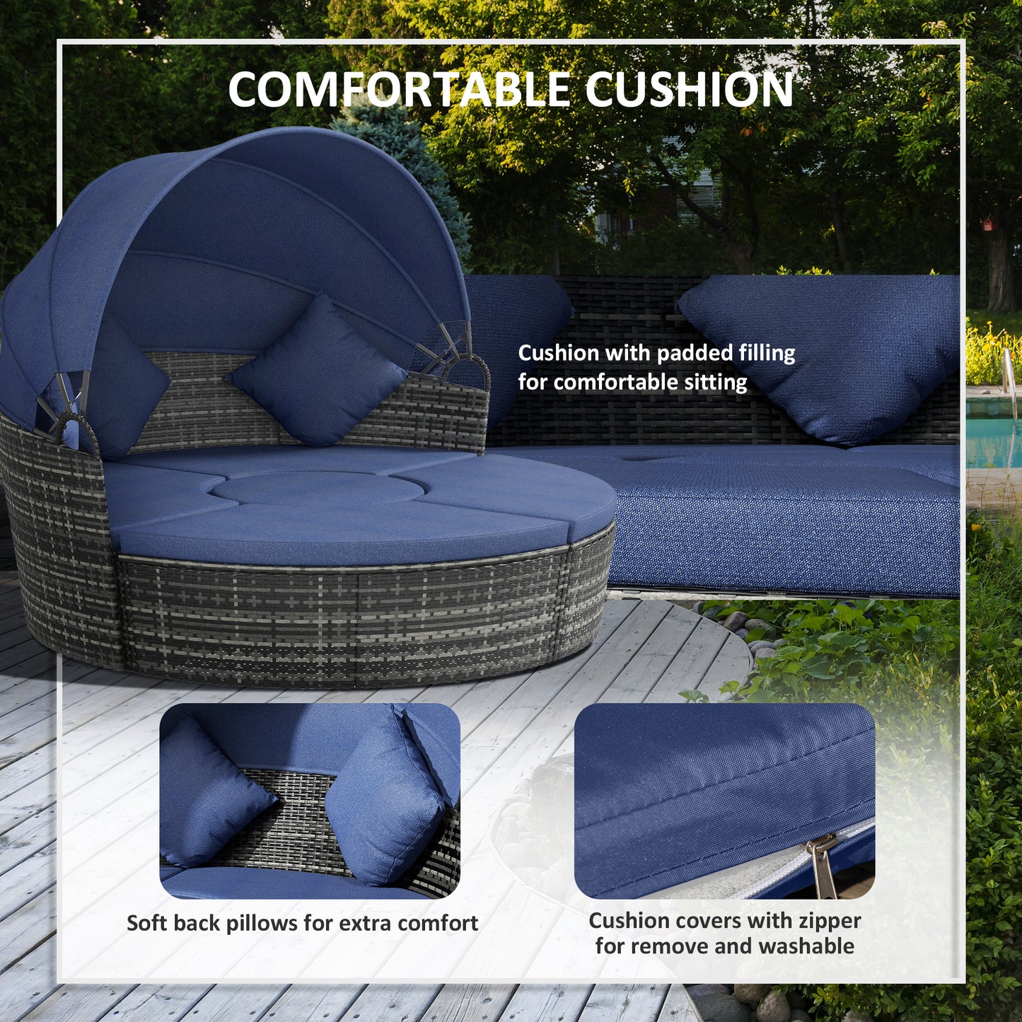 4 Pieces Outdoor Daybed with Retractable Canopy, Wicker Lounger Bed, Conversation Furniture Set, Dark Blue
