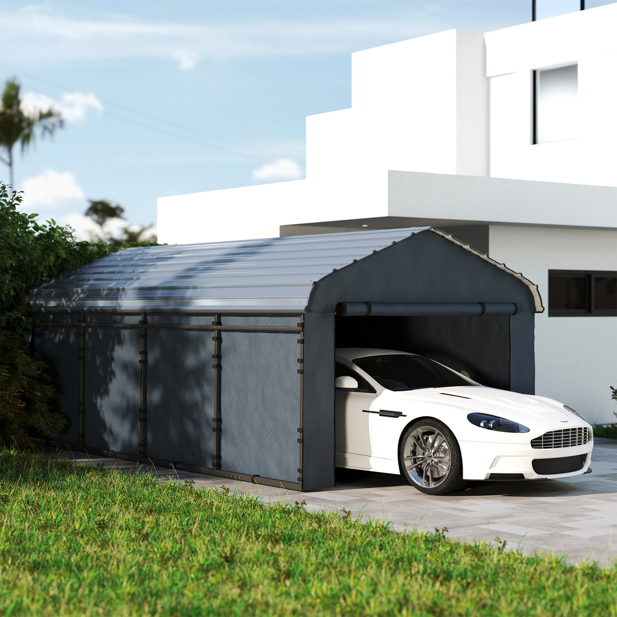 Metal Carport, Heavy Duty Garage Car Shelter with Galvanized Metal Roof and Removable Sidewalls, Light Grey - 12' x 20'
