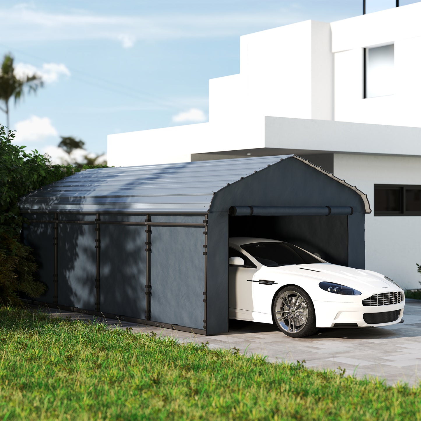 Metal Carport, Heavy Duty Garage Car Shelter with Galvanized Metal Roof and Removable Sidewalls, Light Grey - 12' x 20'