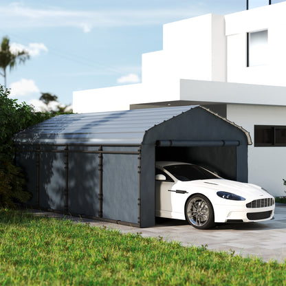 Metal Carport, Heavy Duty Garage Car Shelter with Galvanized Metal Roof and Removable Sidewalls, Light Grey - 12' x 20'