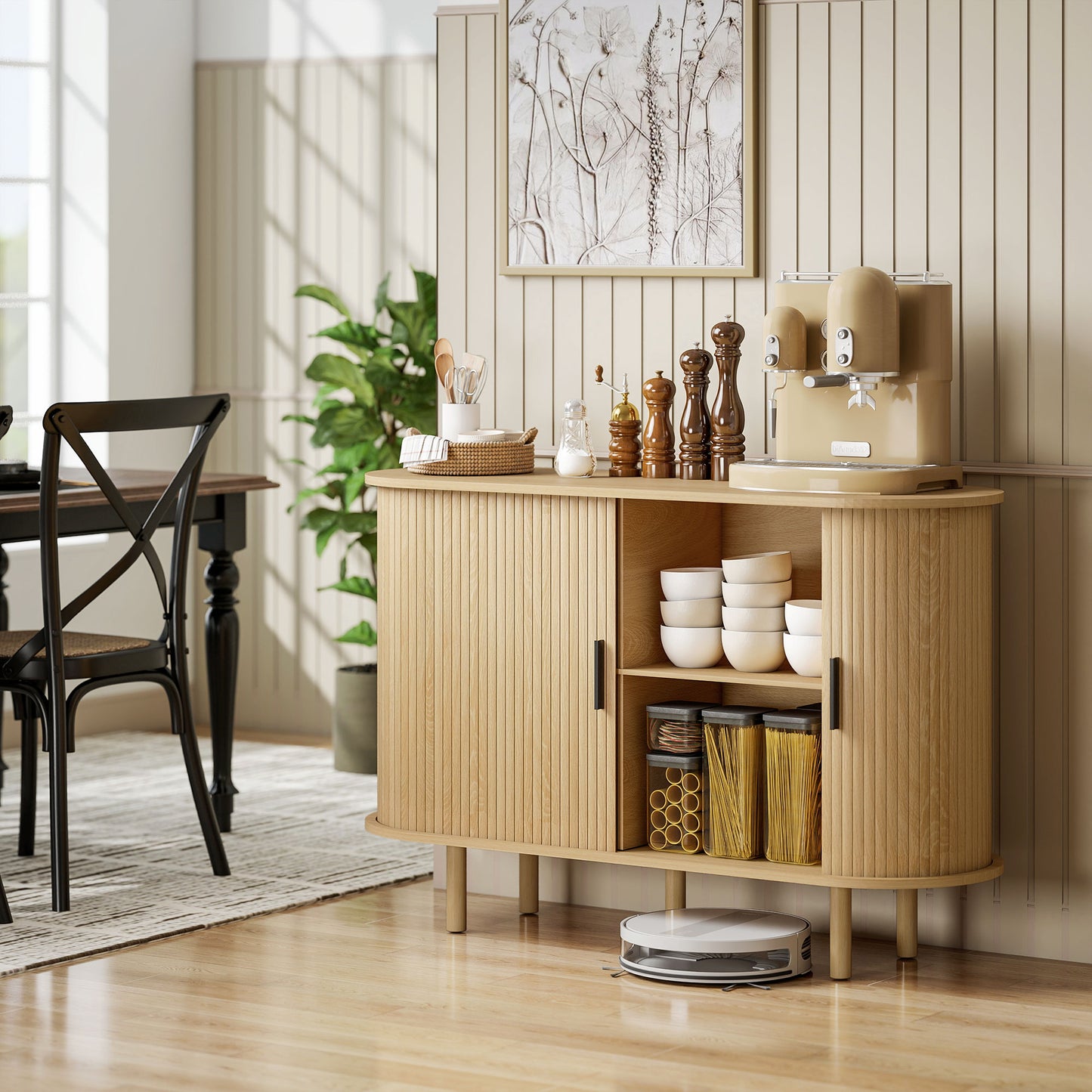 47" Buffet Cabinet with Tambour Sliding Doors, Fluted Sideboard with Storage Shelves and Wooden Legs, Oak