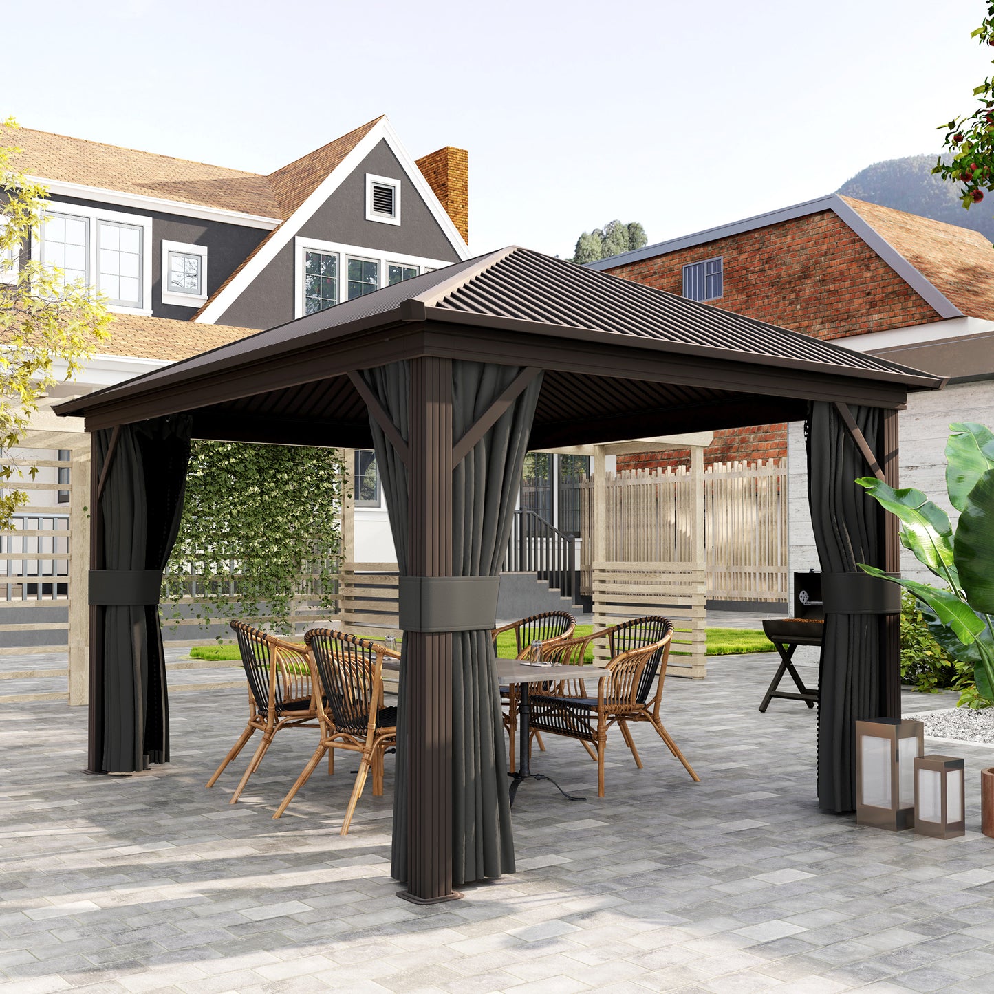 10' x 12' Outdoor Hardtop Gazebo Metal Roof Patio Gazebo with Aluminum Frame, Mesh Nettings, Dark Grey