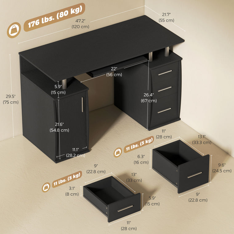 47" Computer Desk with Keyboard Tray and Drawers - Black