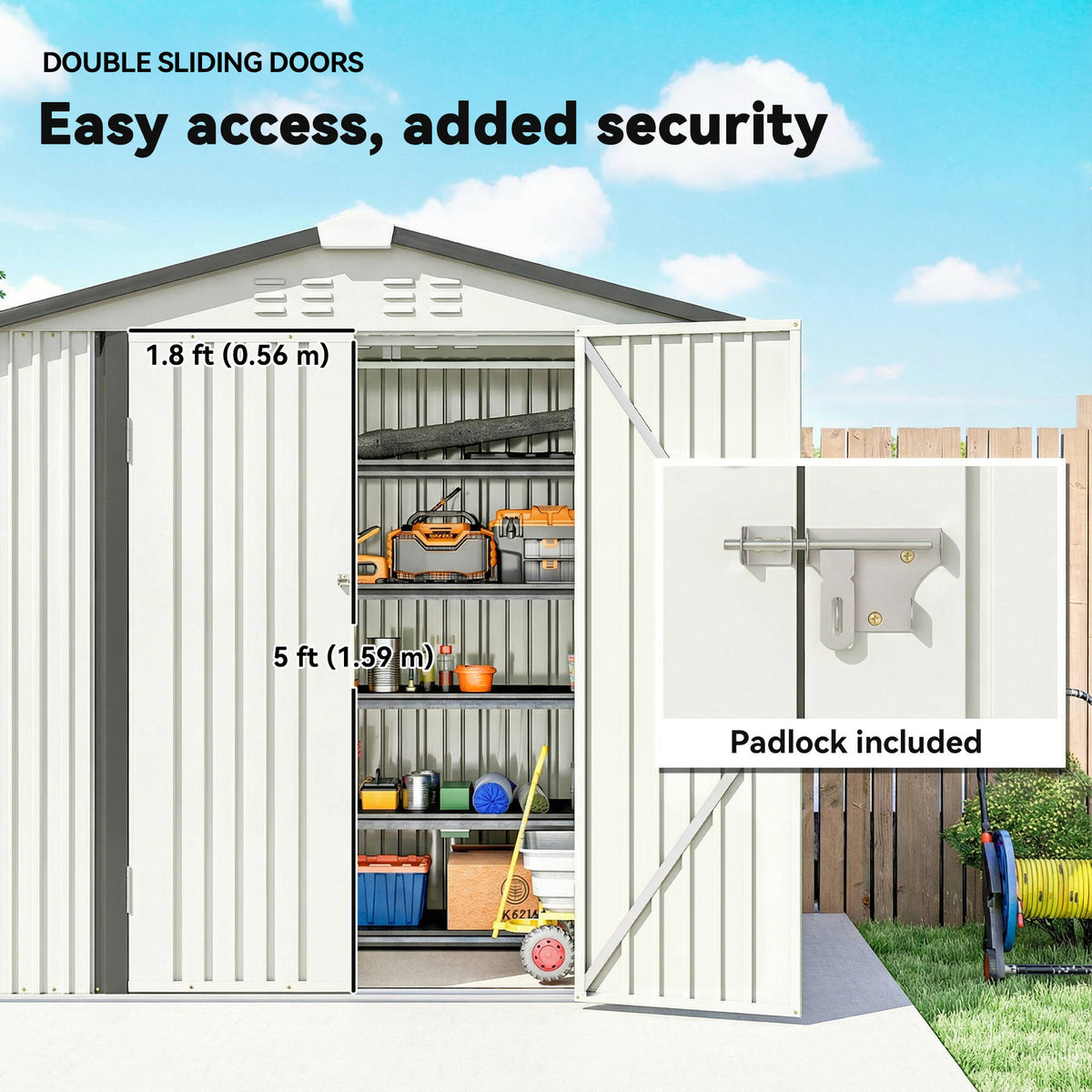6.5' x 4' Metal Garden Shed with Lockable Doors - Silver-White