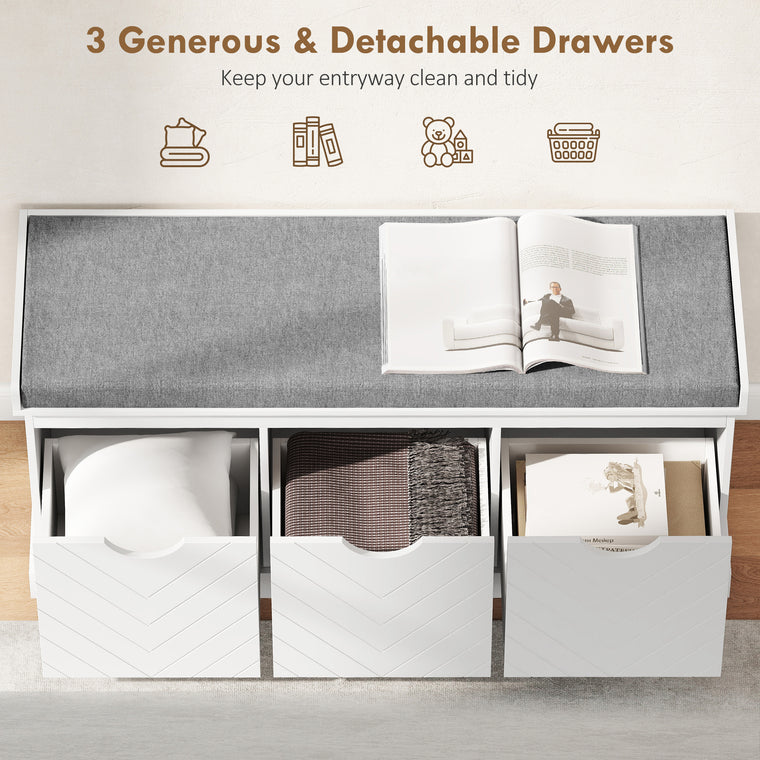 Shoe Storage Bench with 3 Drawers and Cushion - White