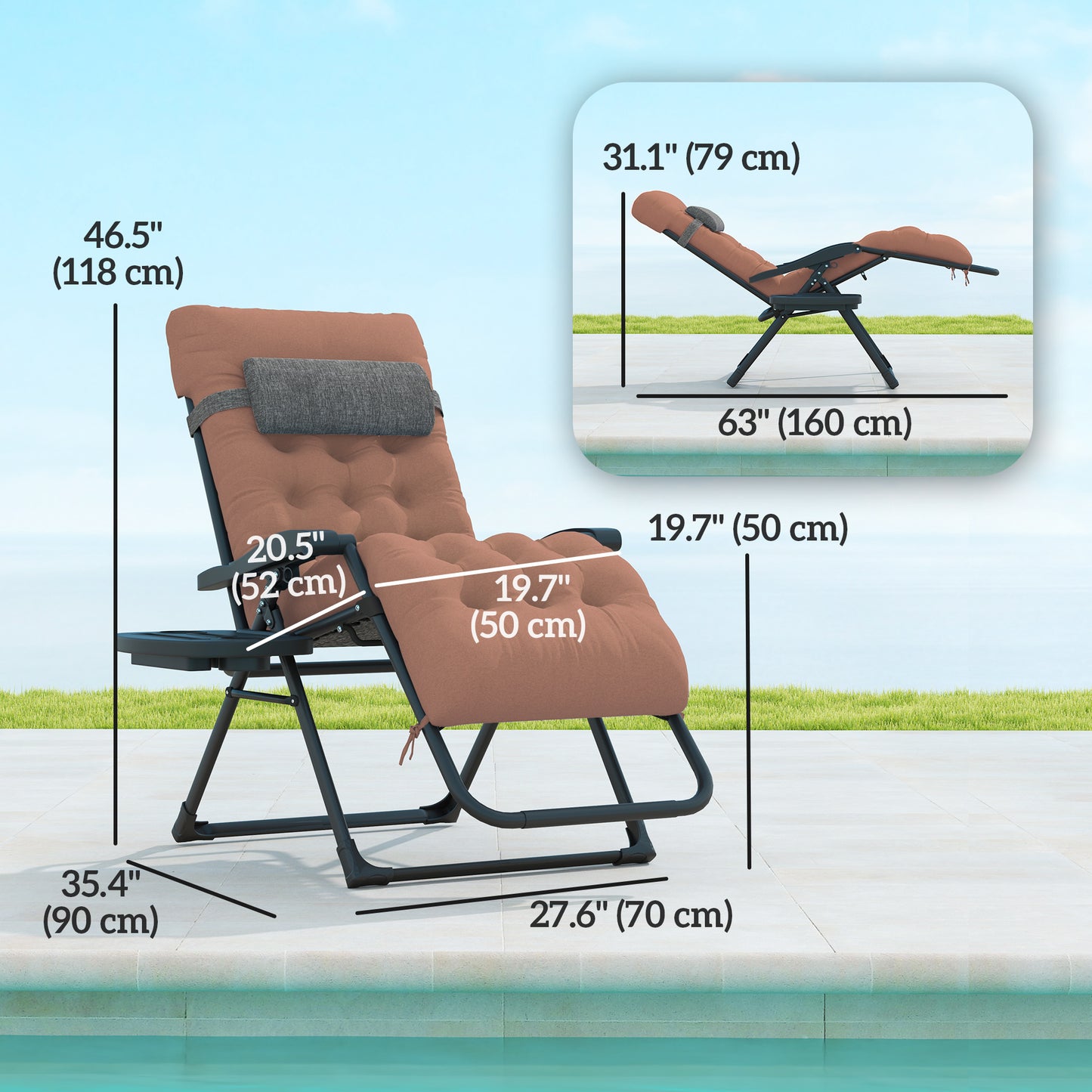 Padded Folding Recliner Chair, Patio Lounger with Cupholder, Adjustable Backrest, Removable Cushion, Navy Blue