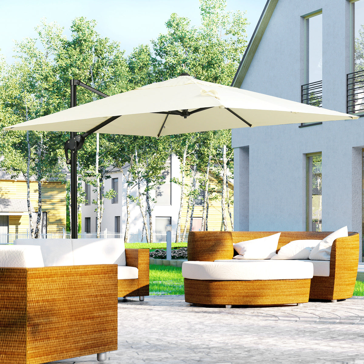 8' x 8' Cream White Offset Cantilever Umbrella with Cross Base