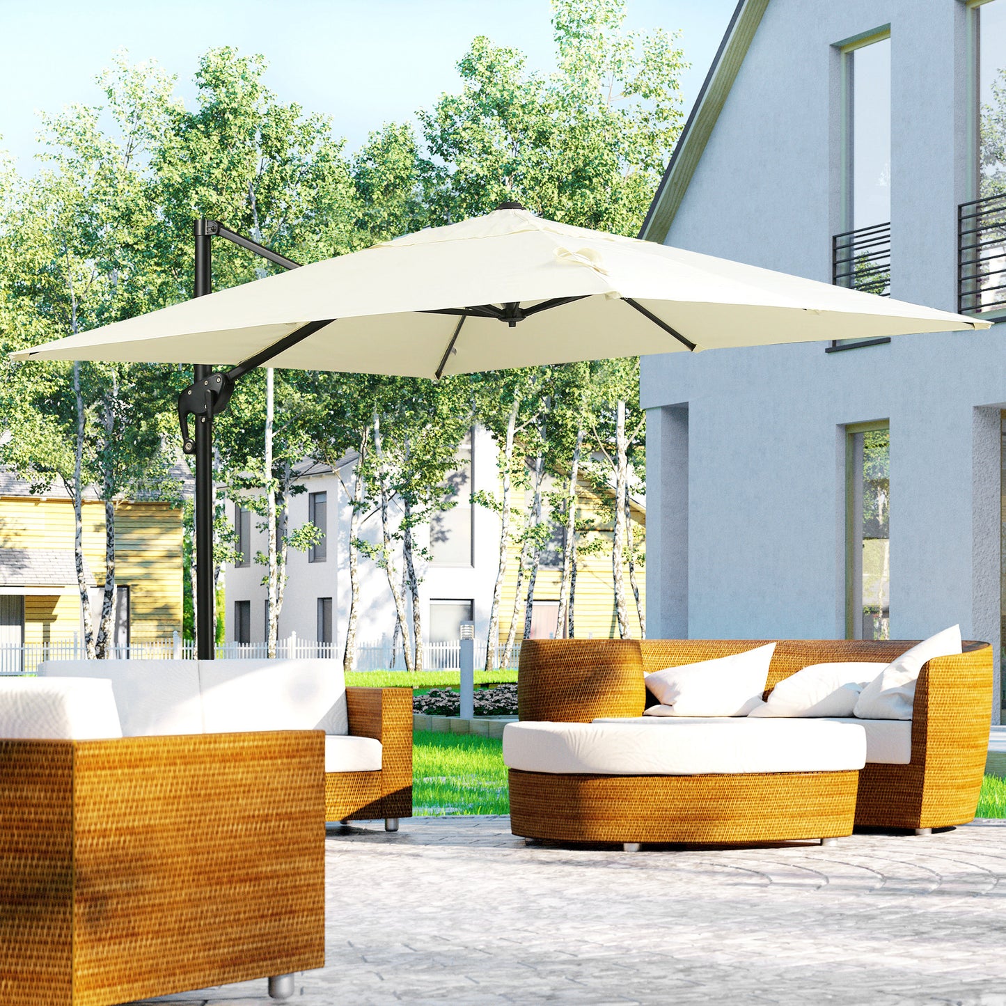 8' x 8' Cream White Offset Cantilever Umbrella with Cross Base