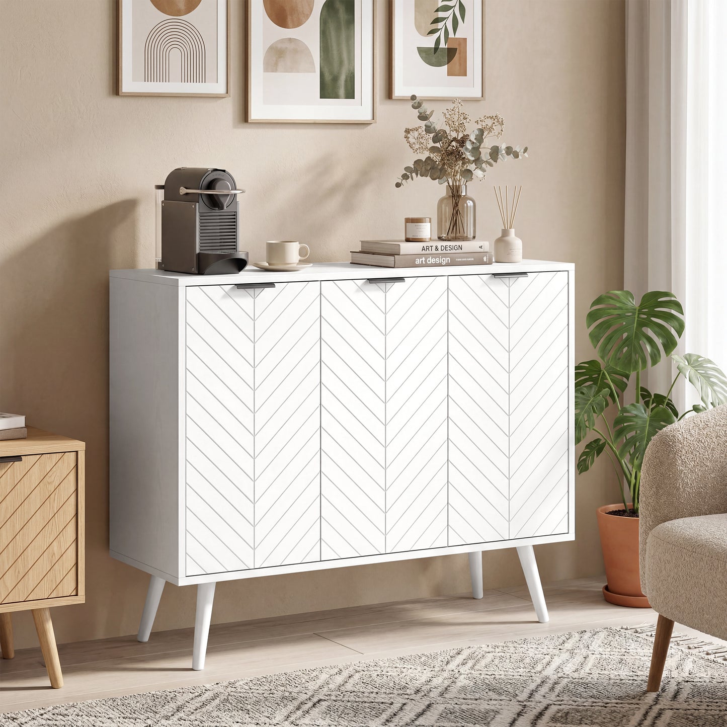 Modern Sideboard and Buffet, Dining Room Cabinet with Adjustable Shelves and 3 Doors, White