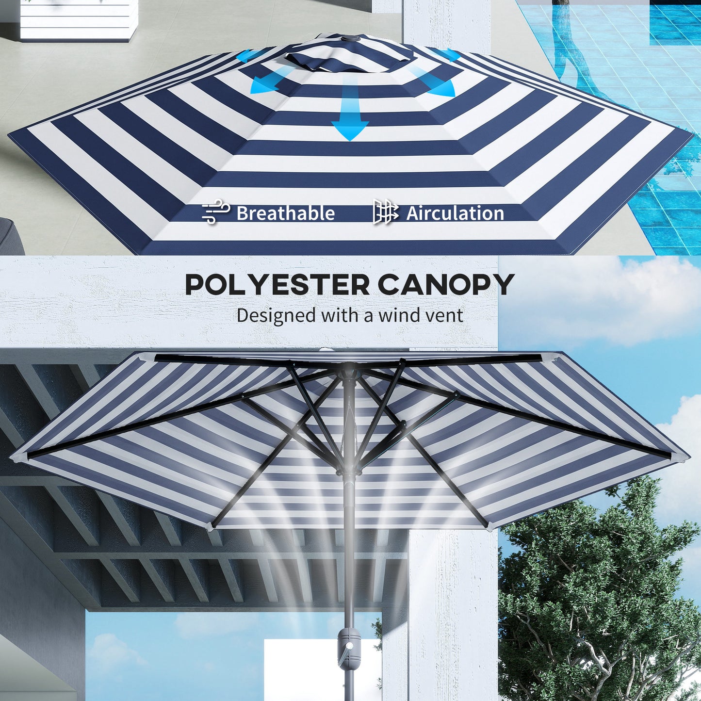 Patio Sun Umbrella, Outdoor Parasol with 6 Ribs, Blue Stripes