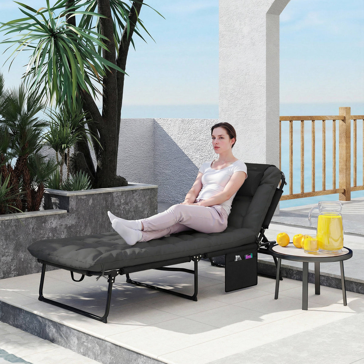 Folding Lounge Chair with 4-level Reclining Back & Cushion, Dark Grey