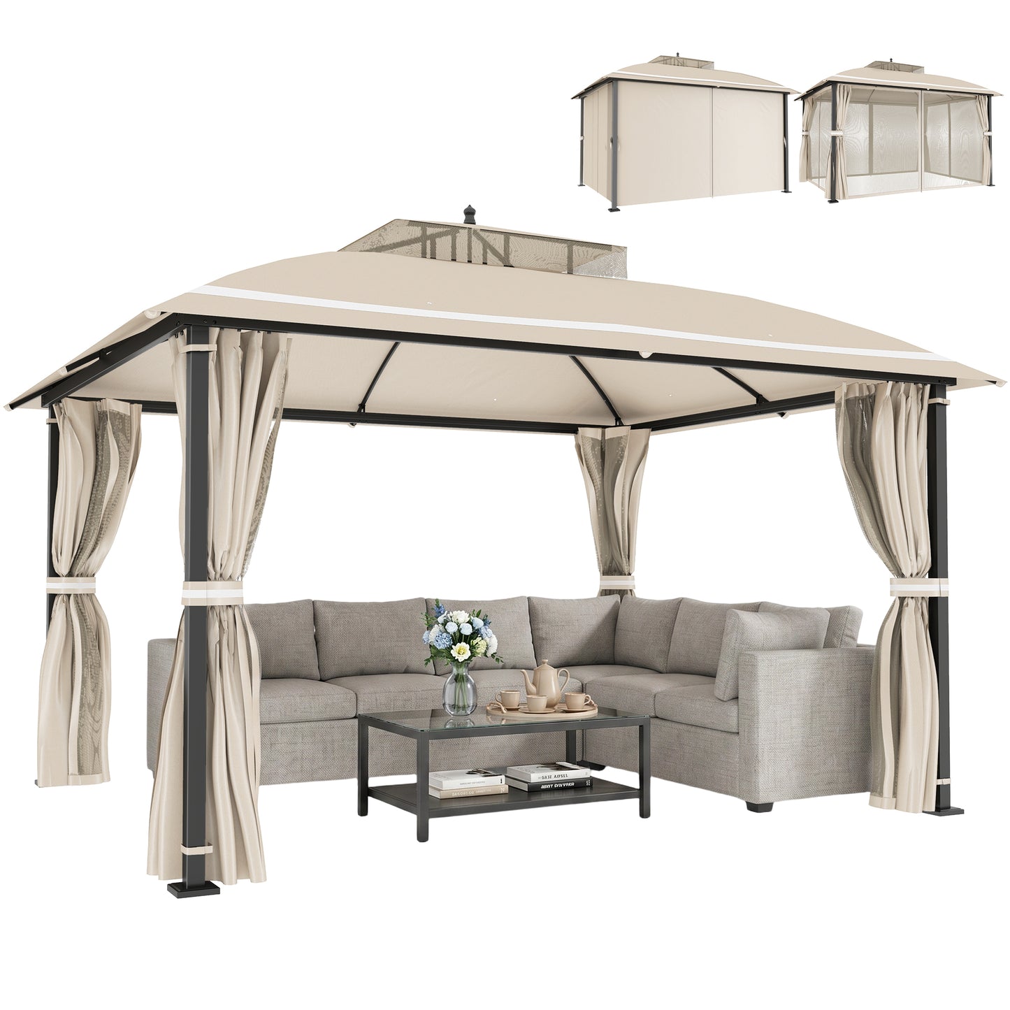 10' x 12' Outdoor Gazebo, Double Roof Patio Gazebo Canopy with Netting and Curtains for Garden, Lawn, Backyard, Deck