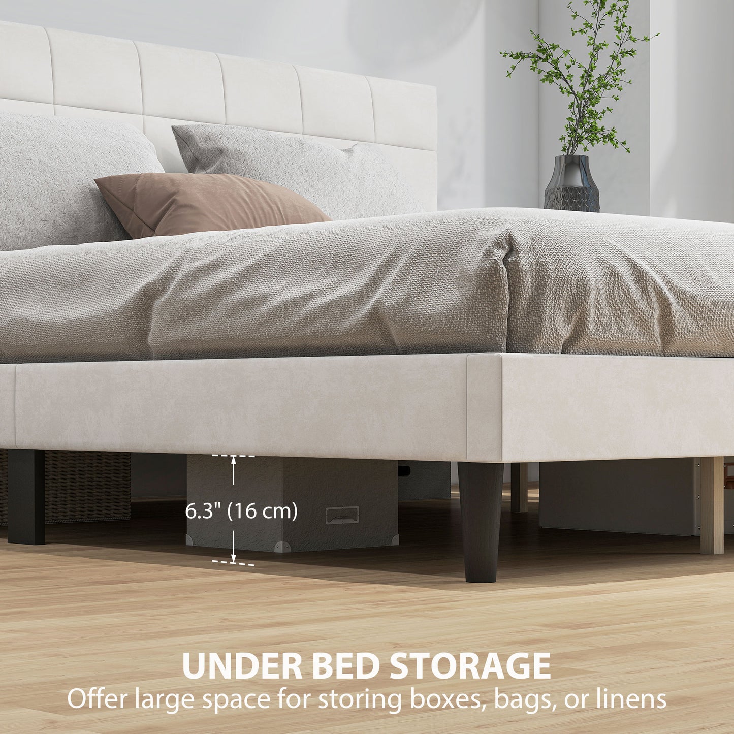 King Size Bed Frame with Upholstered Headboard, Modern Platform Bed Frame with Wood Slats, 1100 lbs Capacity, Cream