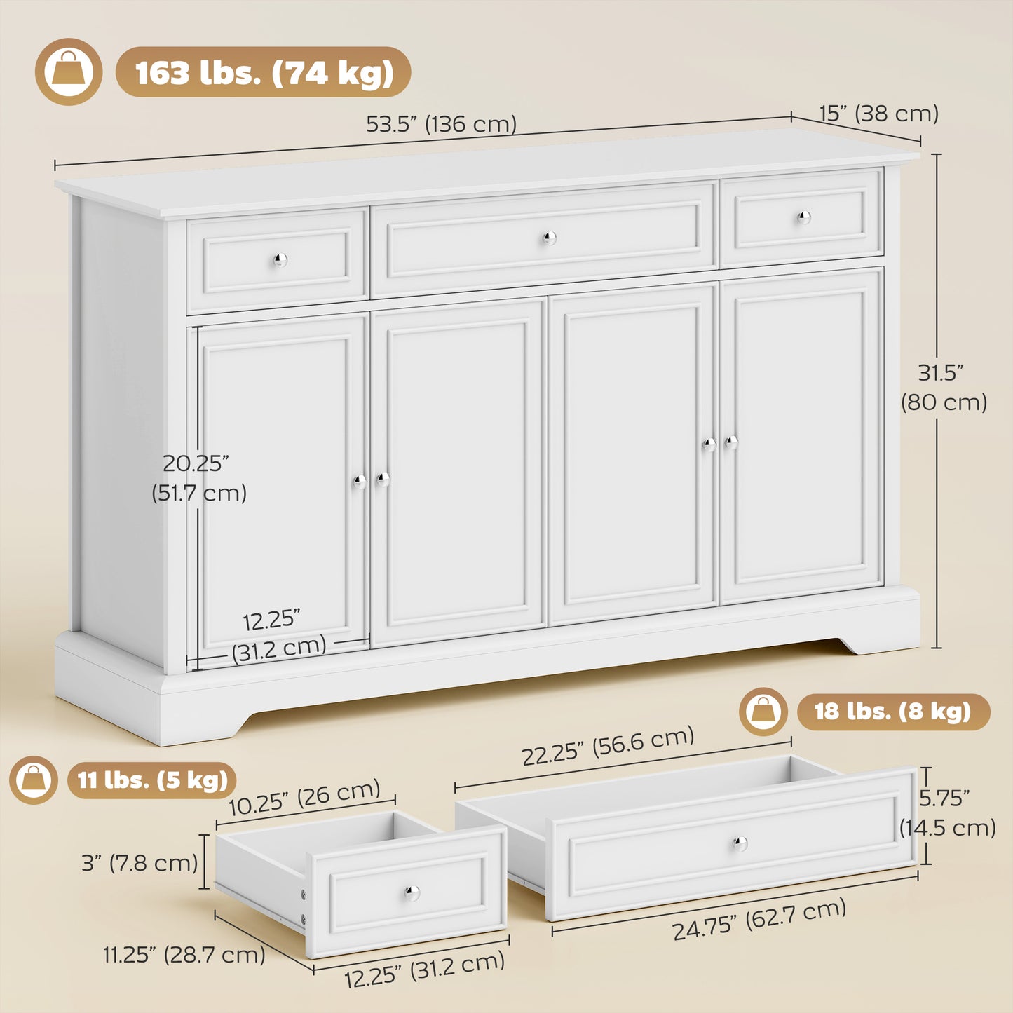 Sideboard Buffet Cabinet, 54" Kitchen Storage Cabinet with Soft-Close Doors, 3 Drawers and 2 Adjustable Shelves, White