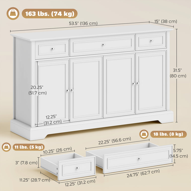 54" Sideboard Cabinet with Soft-Close Doors and 3 Drawers - White