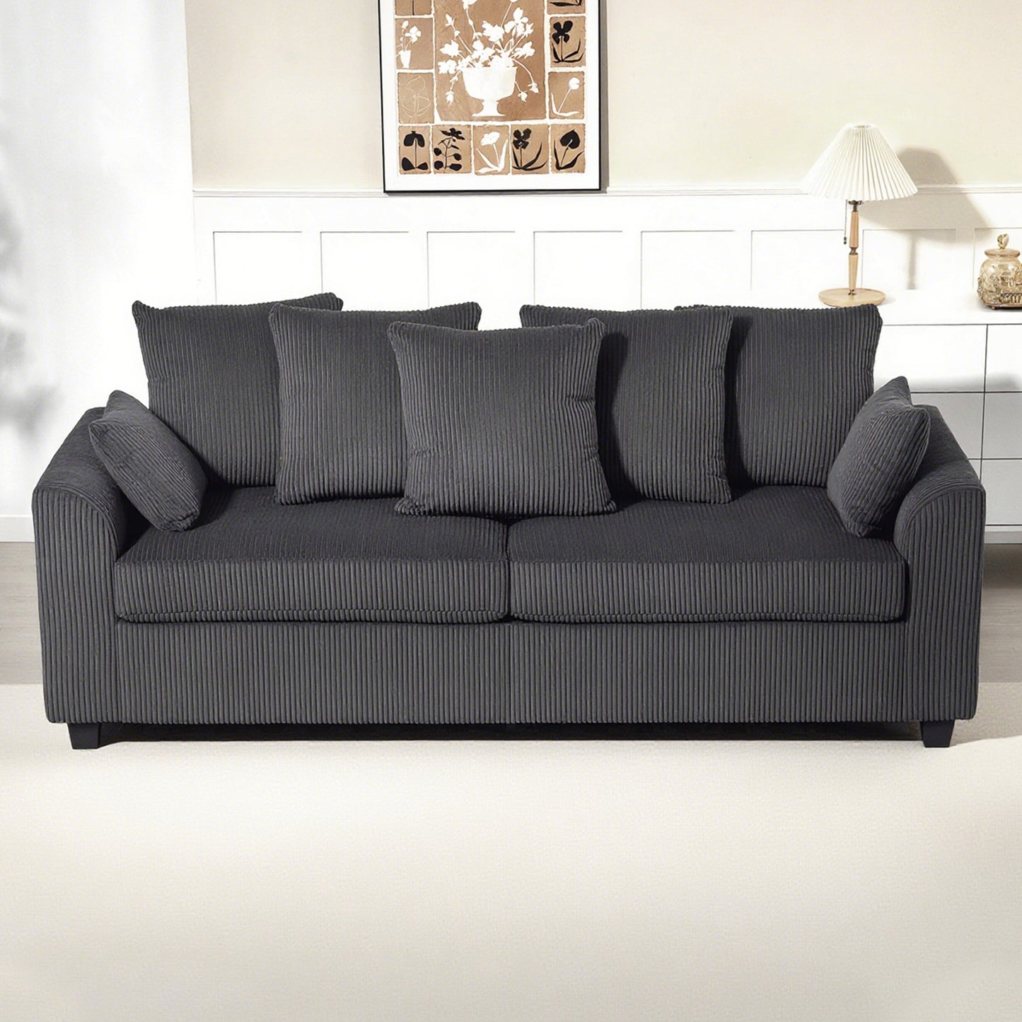 Corduroy Couch, 3 Seater Sofa, Modern Upholstered Couch with Curved Armrests and 8 Removable Pillows, Dark Grey