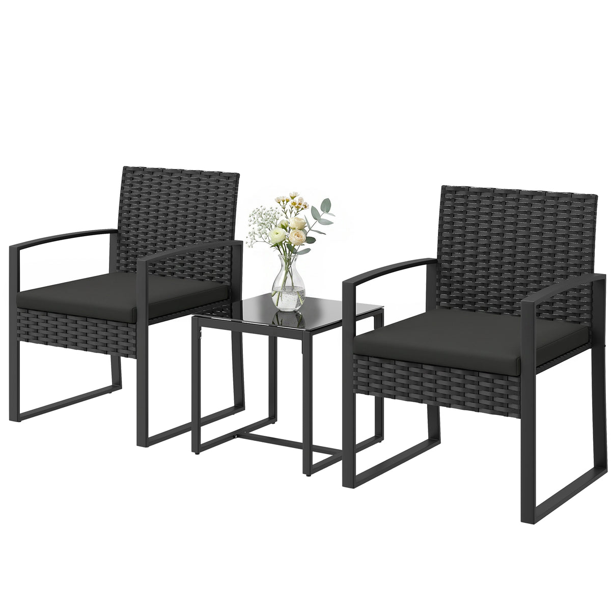 Outdoor Bistro Set, 3 Piece Wicker Patio Furniture Set with Glass Top Table and Cushions for Porch, Balcony, Black