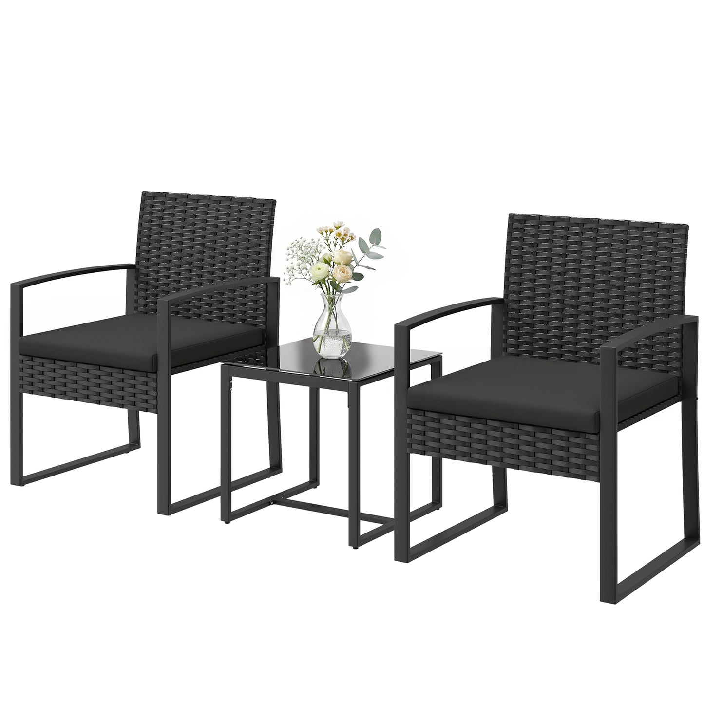 Outdoor Bistro Set, 3 Piece Wicker Patio Furniture Set with Glass Top Table and Cushions for Porch, Balcony, Dark Grey - Black