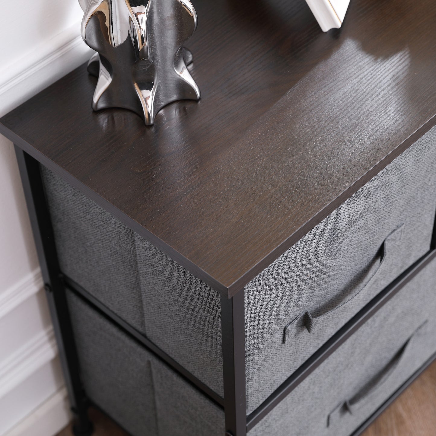 Linen Drawer Cabinet Organizer Storage Dresser Tower with 5 Removable Drawer Metal Frame Adjustable Feet for Living Room, Kitchen, Bathroom, Dark Grey
