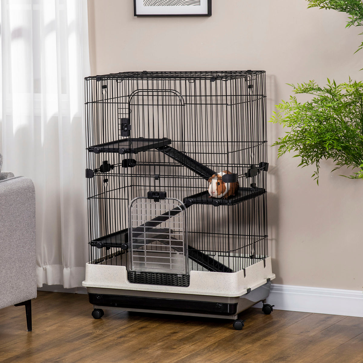45"H Black 4-Level Guinea Pig Cage with Wheels & Ramp