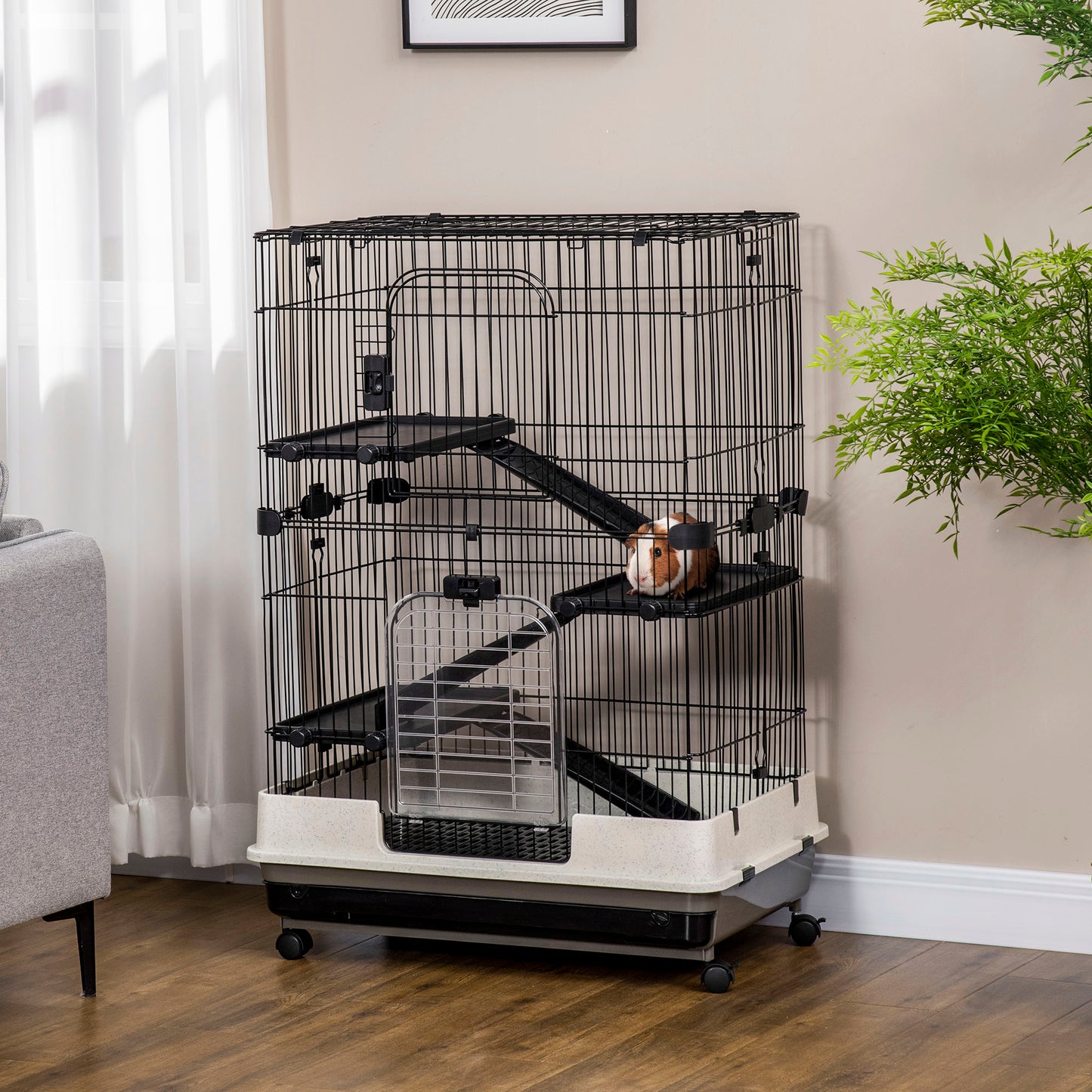 45"H Black 4-Level Guinea Pig Cage with Wheels & Ramp