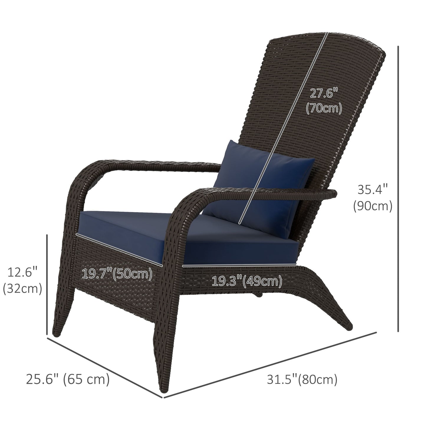 Patio Wicker Adirondack Chair, Outdoor Rattan Muskoka Chair with Cushions for Patio, Garden, Backyard Dark Blue