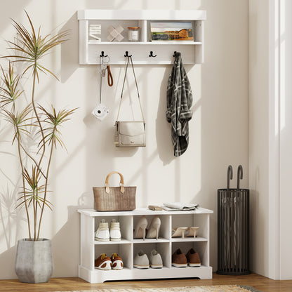 Entryway Shoe Bench with 8 Cubbies and Coat Rack - White