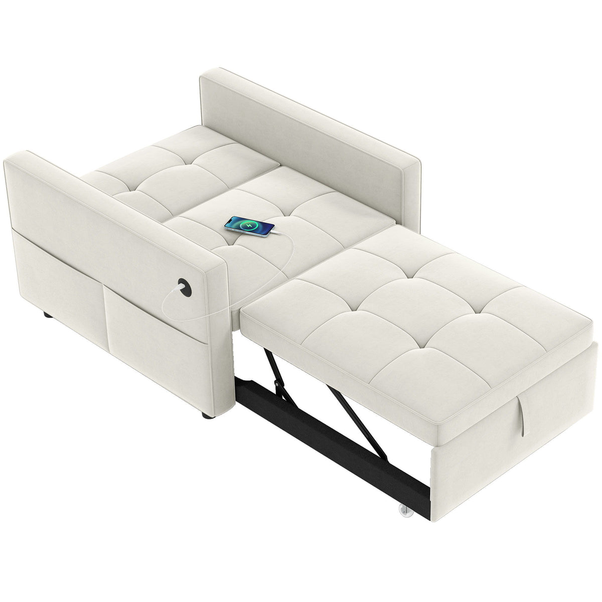 Convertible Chair Bed, Pull Out Sleeper Chair with USB, Adjustable Backrest, Small Velvet Futon Sofa Bed, Cream White