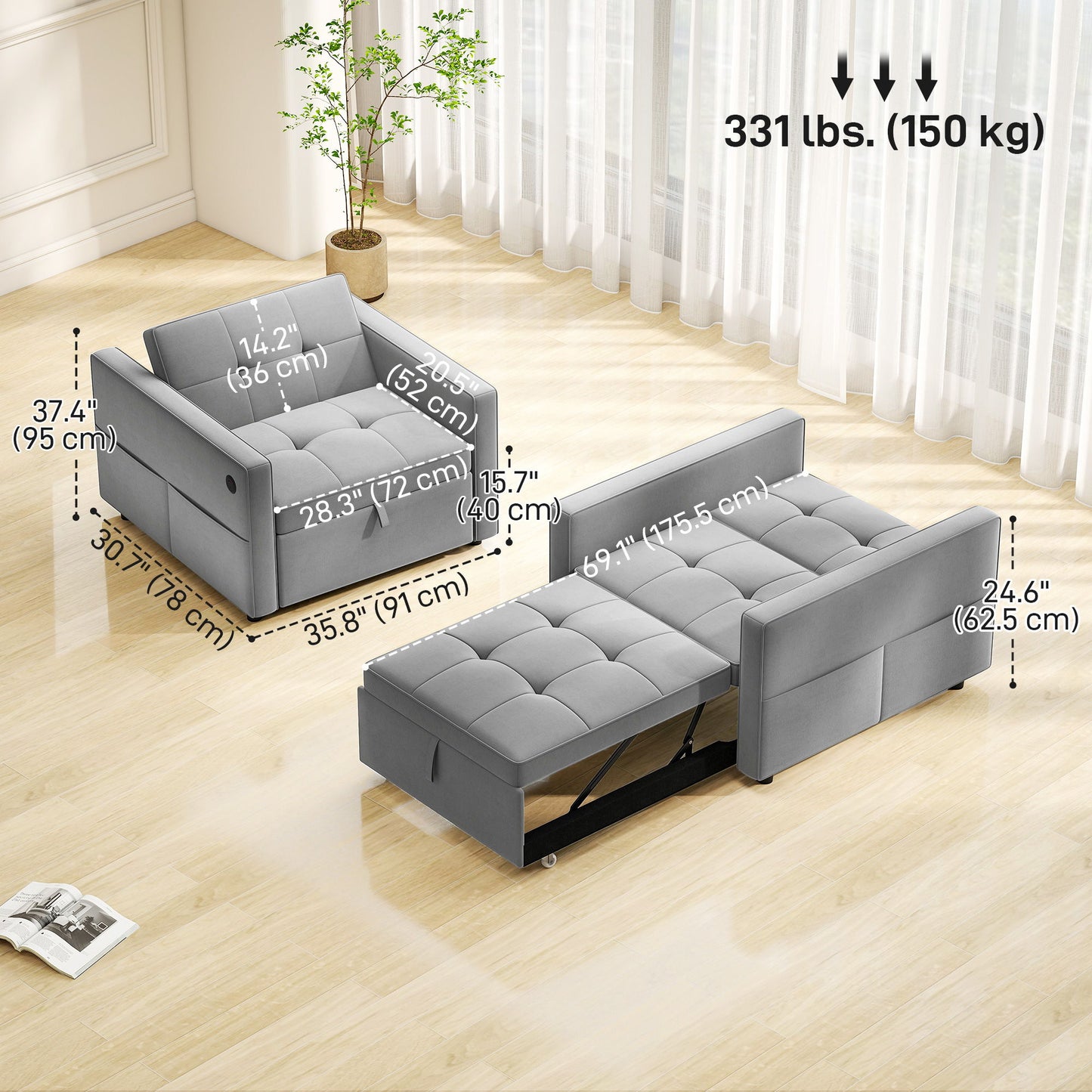 Convertible Chair Bed, Pull Out Sleeper Chair with USB, Adjustable Backrest, Small Velvet Futon Sofa Bed, Grey