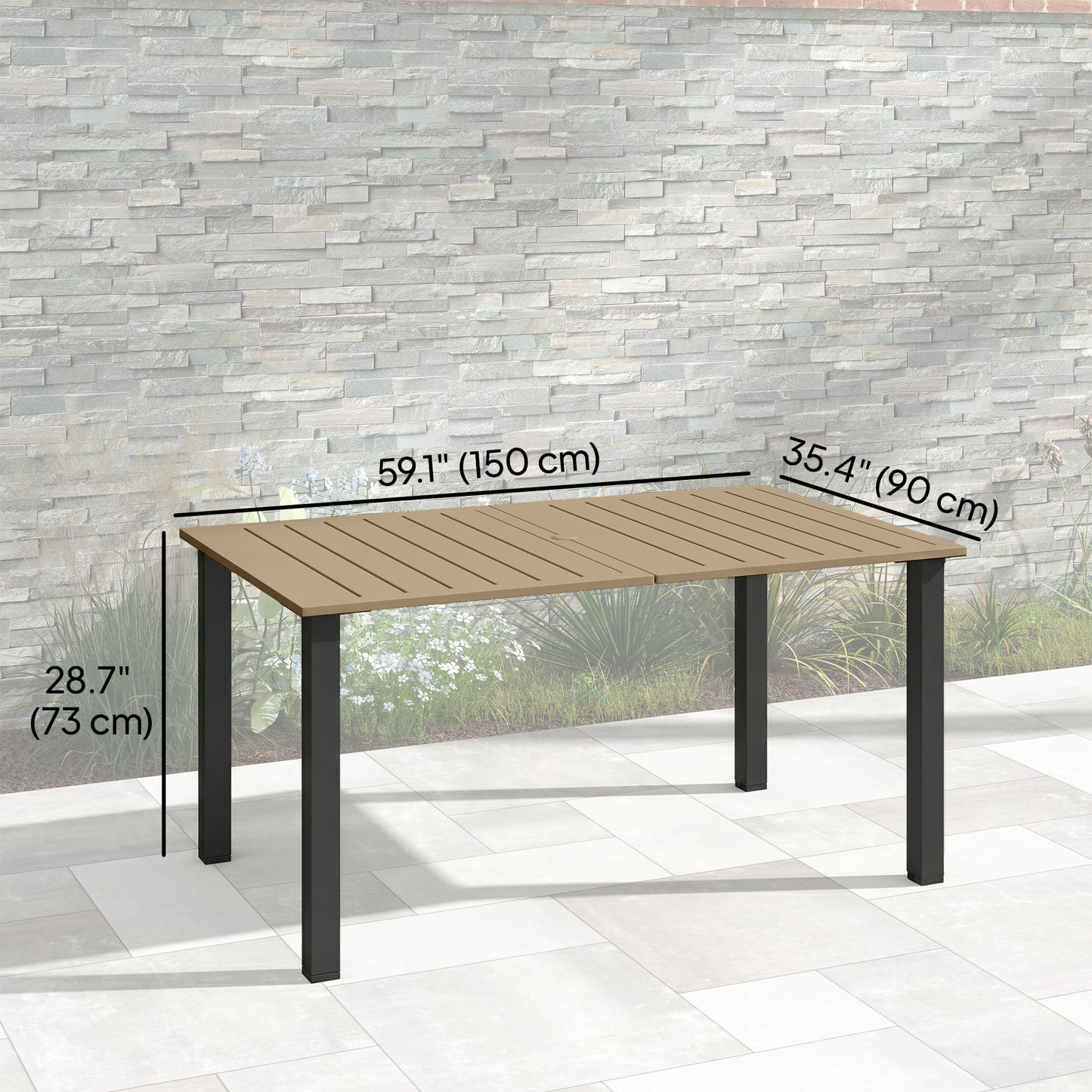 59" Outdoor Patio Table with Umbrella Hole, Outdoor Dining Table with Slatted Tabletop for Backyard Garden, Brown