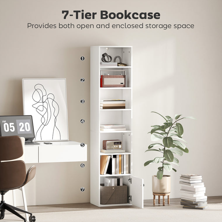 7-Tier Bookcase with Adjustable Shelf and Cabinet - White