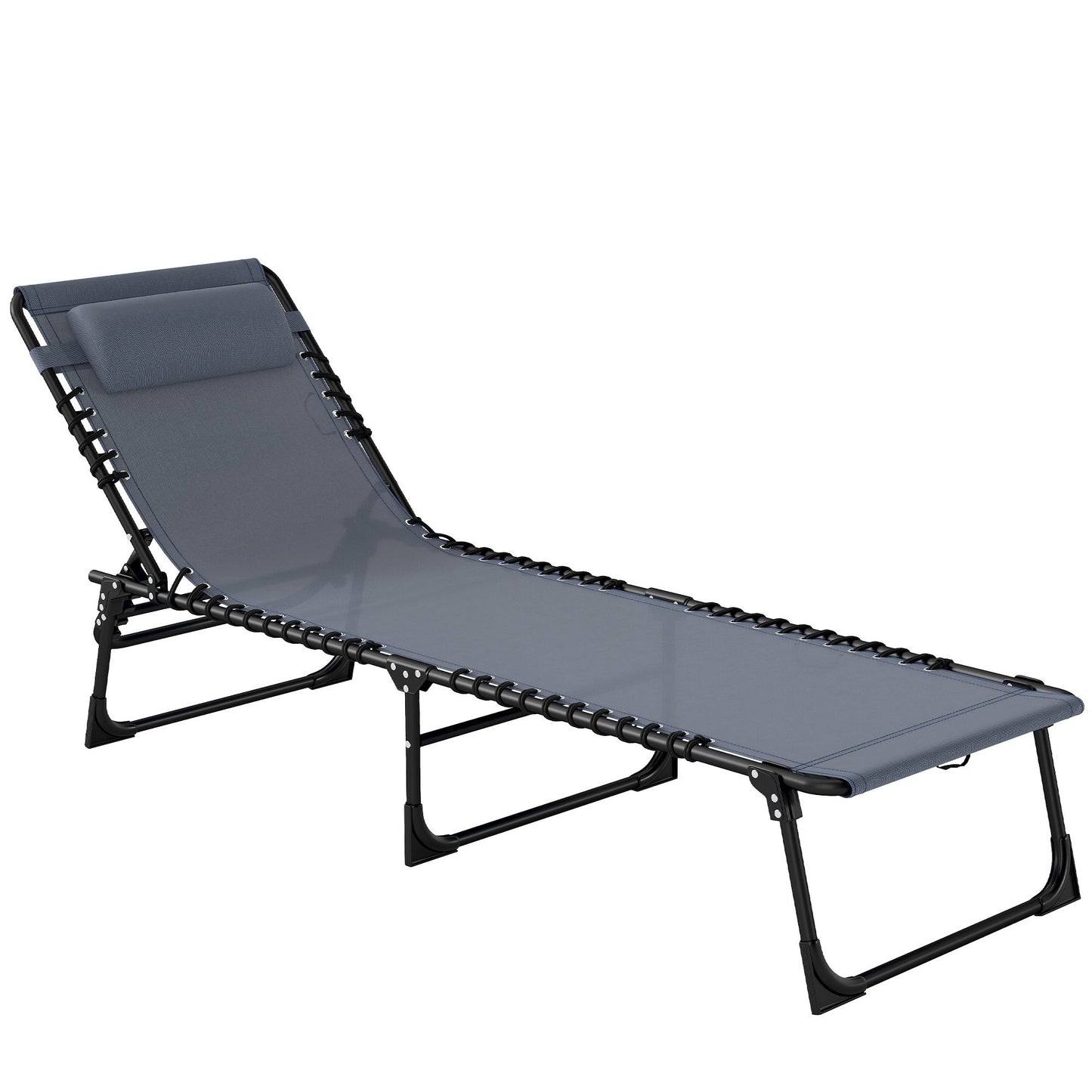 Outdoor Folding Lounge Chair, 4-Level Adjustable Chaise Lounge with Headrest, Tanning Chair Beach Bed, Reclining Lounger Cot for Camping, Hiking, Backyard, Grey