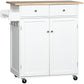 Rolling Kitchen Island with Wood Top and Drawers - White