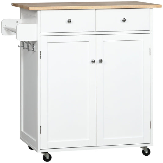 Rolling Kitchen Island with Wood Top and Drawers - White