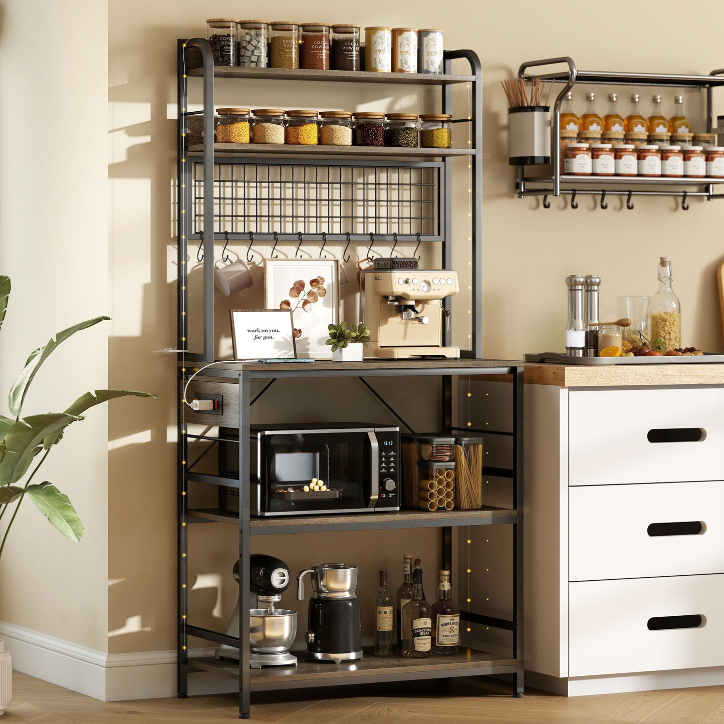 Kitchen Baker's Rack with Power Outlet and LED Light, 5-Tier Coffee Bar Station with 10 Hooks, Grey