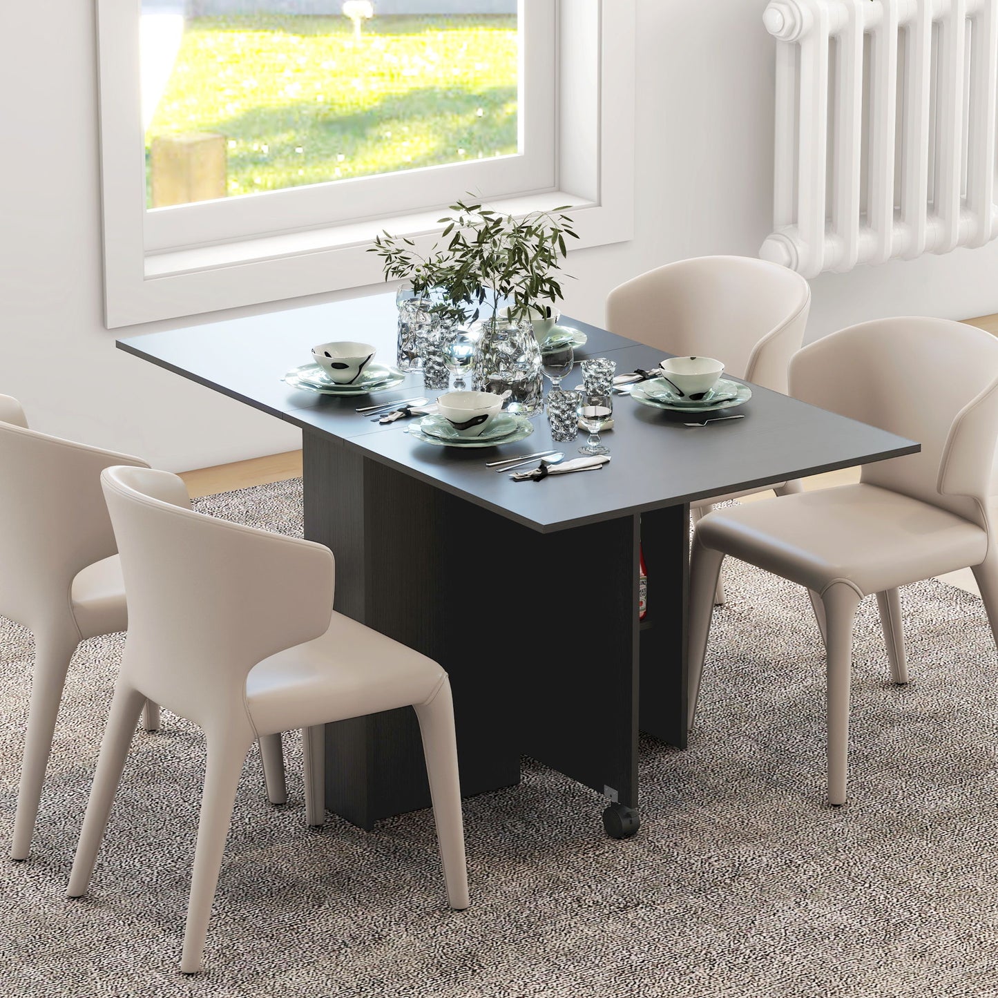 Foldable Dining Table with Storage Shelves, Drop Leaf, and Rolling Wheel