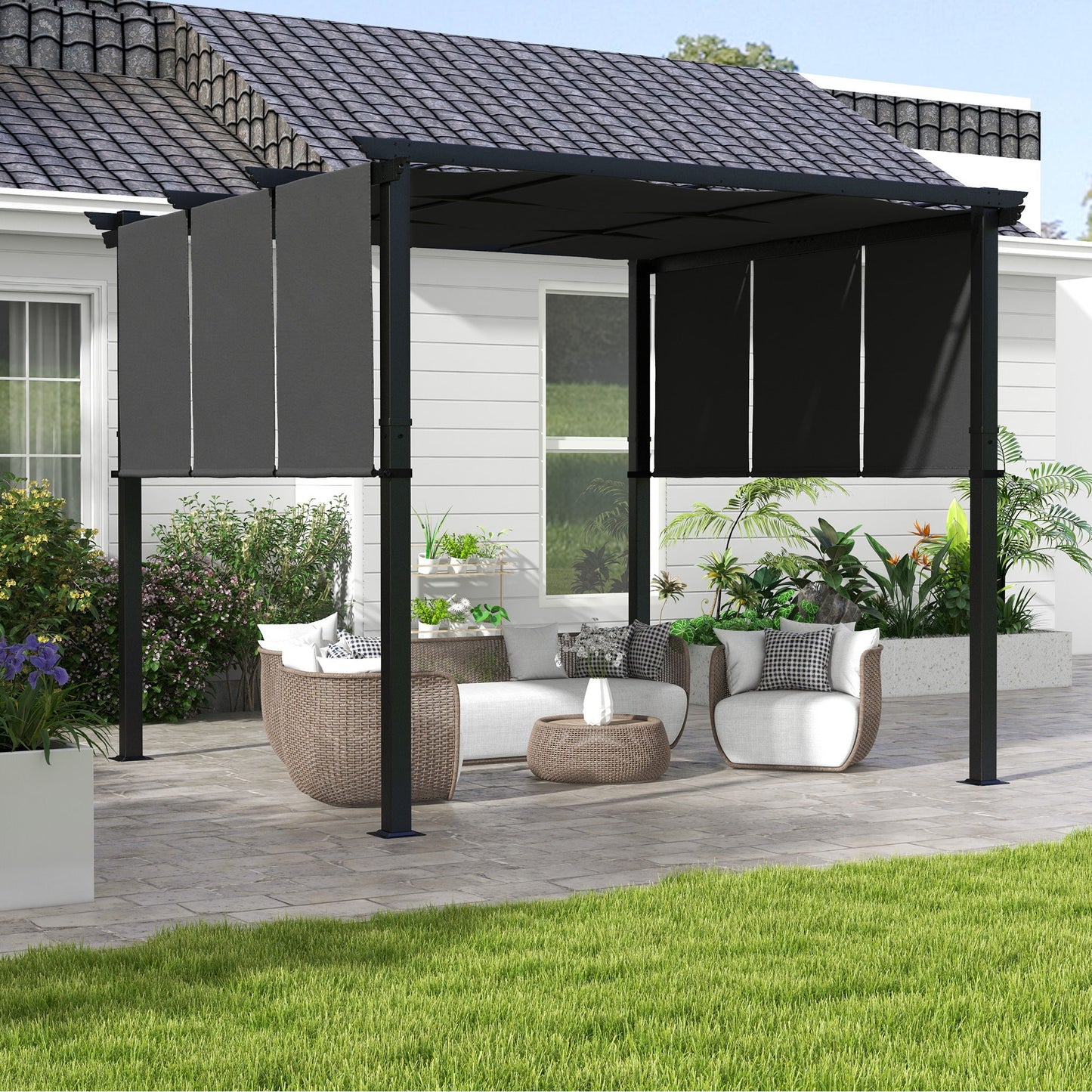 10' x 10' Metal Pergola, Outdoor Pergola with Retractable Canopy, for Garden, Patio, Backyard, Deck, Charcoal Grey