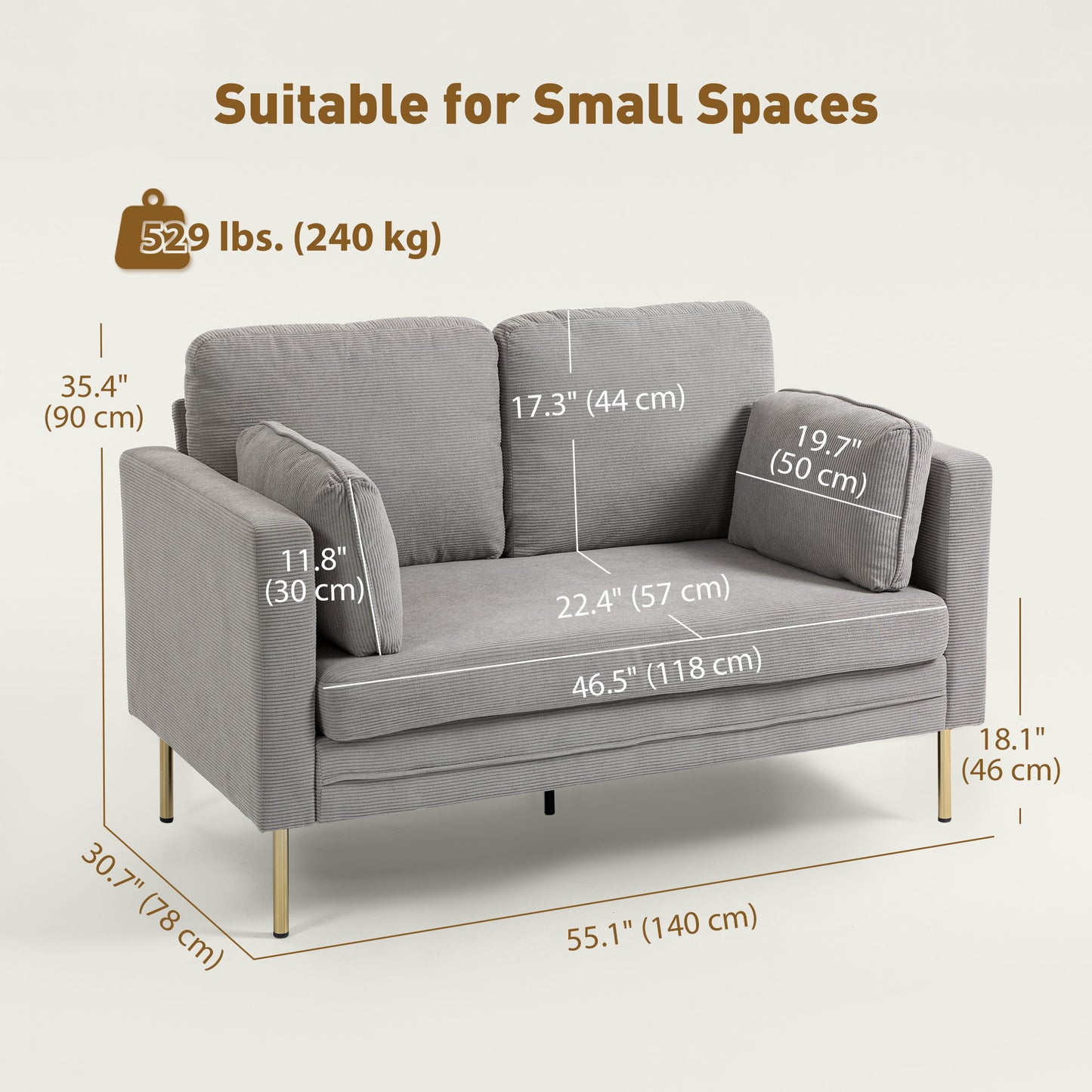 Loveseat Sofa, 55" Small Sofa Couch with 2 Pillows, Metal Legs for Living Room, Bedroom, Apartment, Grey