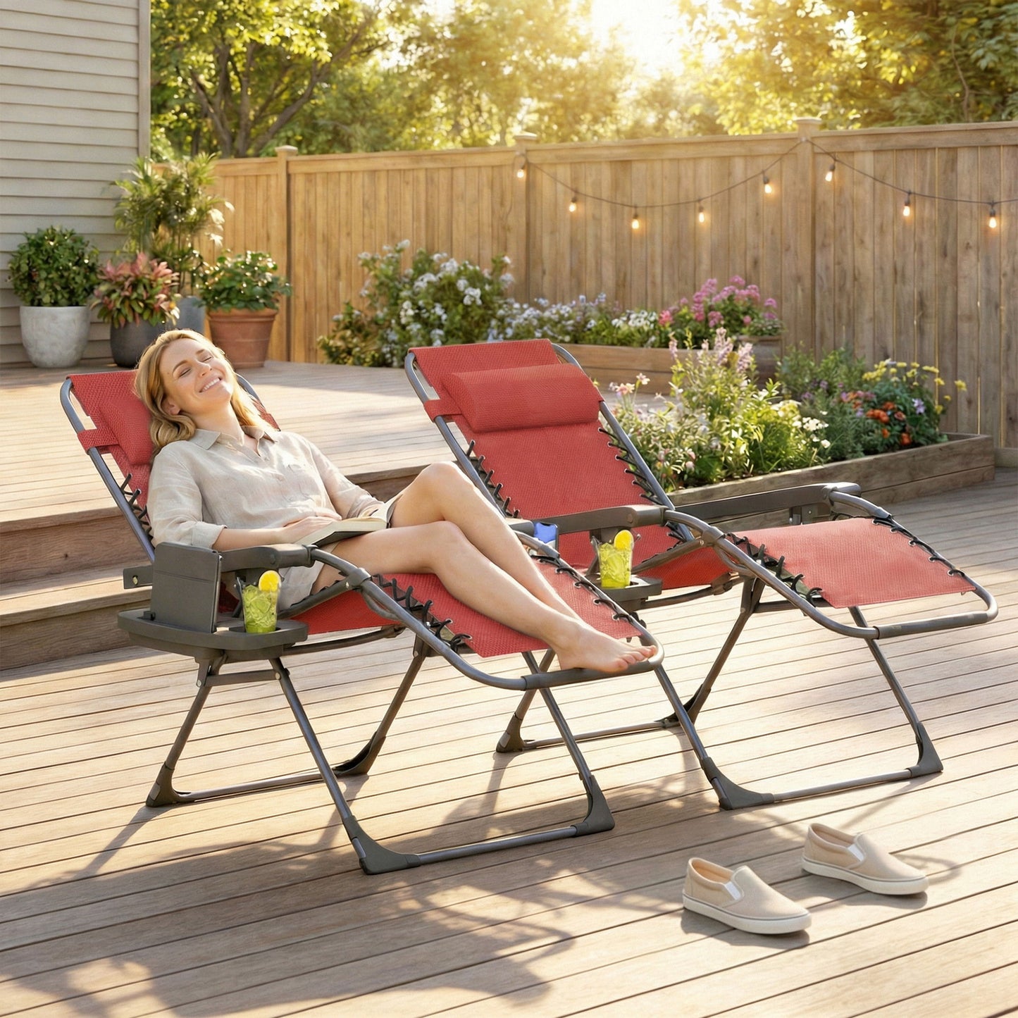 Zero Gravity Chair Set of 2, Folding Reclining Outdoor Lounge Chair with Cup Holder, Headrest, Wine Red