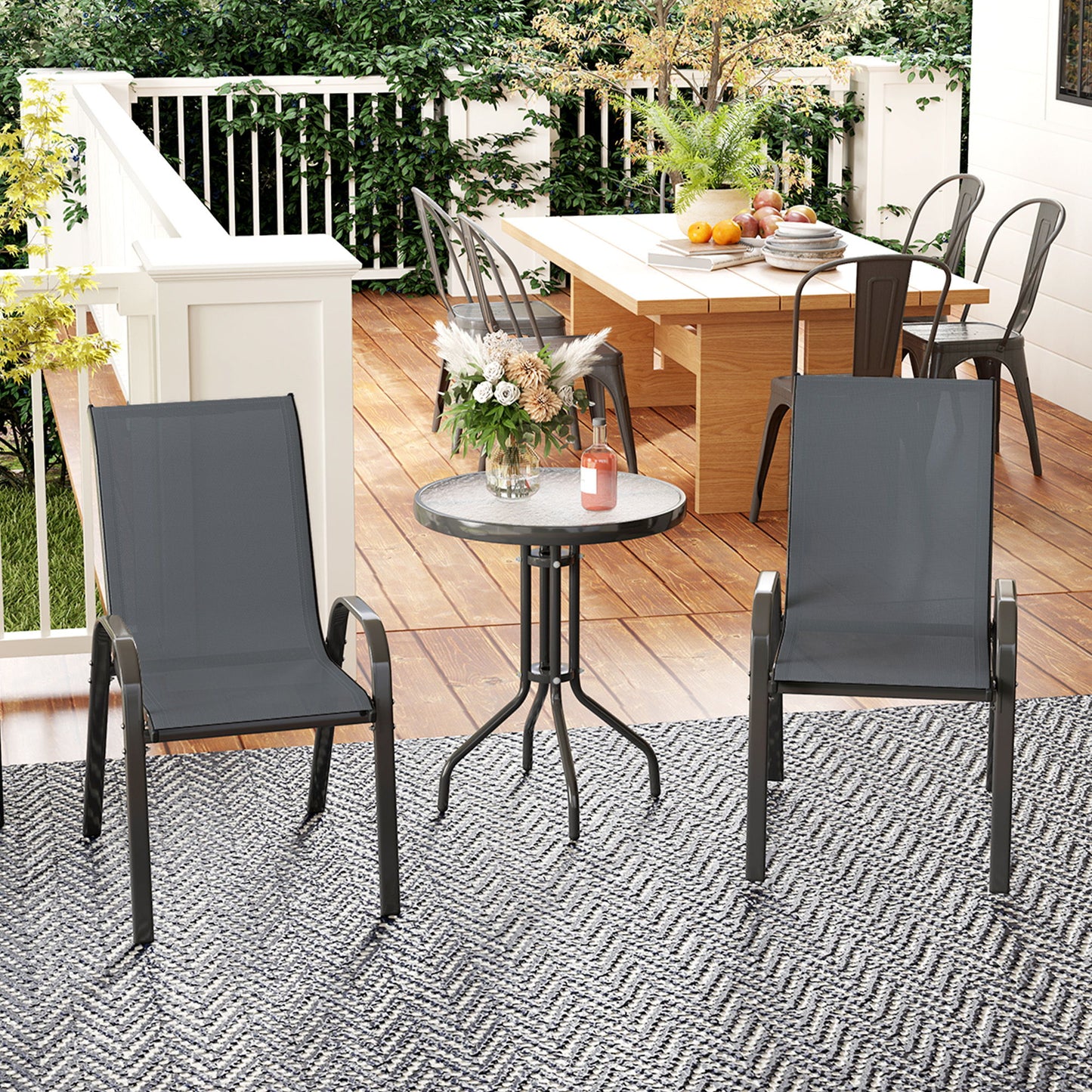 3 Pieces Bistro Set, Small Patio Furniture Set with Stackable Mesh Chairs, Glass Table for Garden, Balcony, Dark Grey